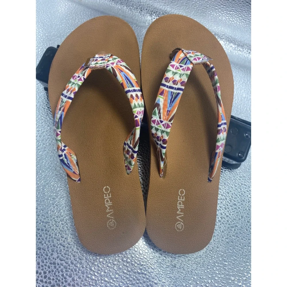 Ampeo Womens Flip Flop Sandals Geometric Tribal Print Straps Brown Casual Thong